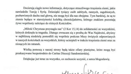 Apel Biskupa sandomierskiego w związku z trzęsieniem ziemi w Turcji i Syrii