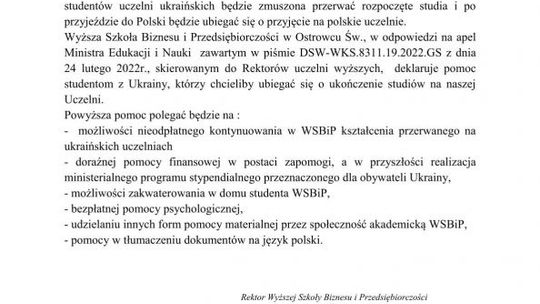 Bezpłatna kontynuacja nauki i pomoc materialna - tak WSBiP wspiera ukraińskich studentów