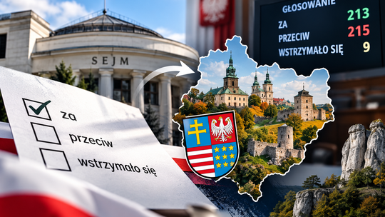 Dwukadencyjność w samorządach. Grafika przedstawiająca Sejm RP i symbole województwa świętokrzyskiego.