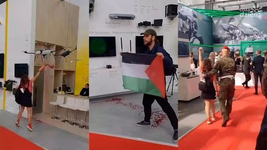 Flaga Palestyny i czerwona ciecz — protest przeciwko ludobójstwu w Gazie na MSPO 2025 [WIDEO]