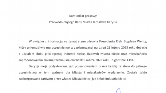 Przełożona debata Miasto Kielce kontra Industria Kielce. Znamy nowy termin