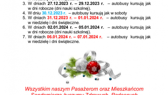 Świąteczne rozkłady jazdy nadal obowiązują w Sandomierzu