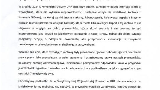Świętokrzyska Wojewódzka Komenda Ochotniczych Hufców Pracy w Kielcach odpowiada na zarzuty