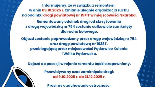 W gminie Bałtów zmiany w organizacji ruchu z powodu remontu odcinka drogi powiatowej 