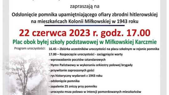W Kolonii Miłkowskiej odsłonią pomnik upamiętniający wydarzenia z okresu II wojny światowej 