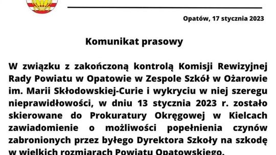 Zawiadomienie do prokuratury o "znaczną szkodę" na rzecz powiatu opatowskiego