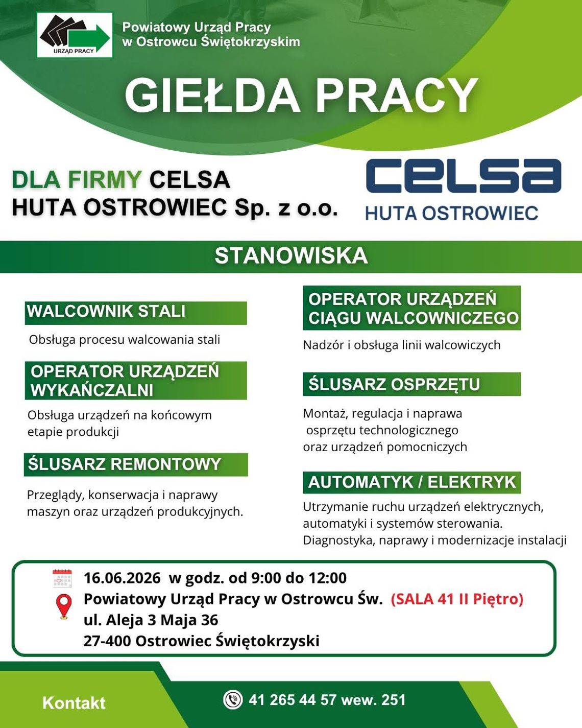 Giełda pracy w Ostrowcu Świętokrzyskim - spotkanie rekrutacyjne z CELSA Huta Ostrowiec odbędzie się 16 czerwca Giełda pracy w Ostrowcu Świętokrzyskim - spotkanie rekrutacyjne z CELSA Huta Ostrowiec odbędzie się 16 czerwca