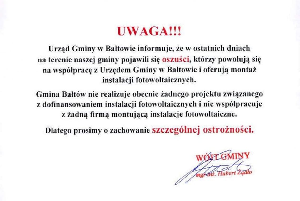 Mieszkańcu Gminy Bałtów. Nie daj się oszukać!