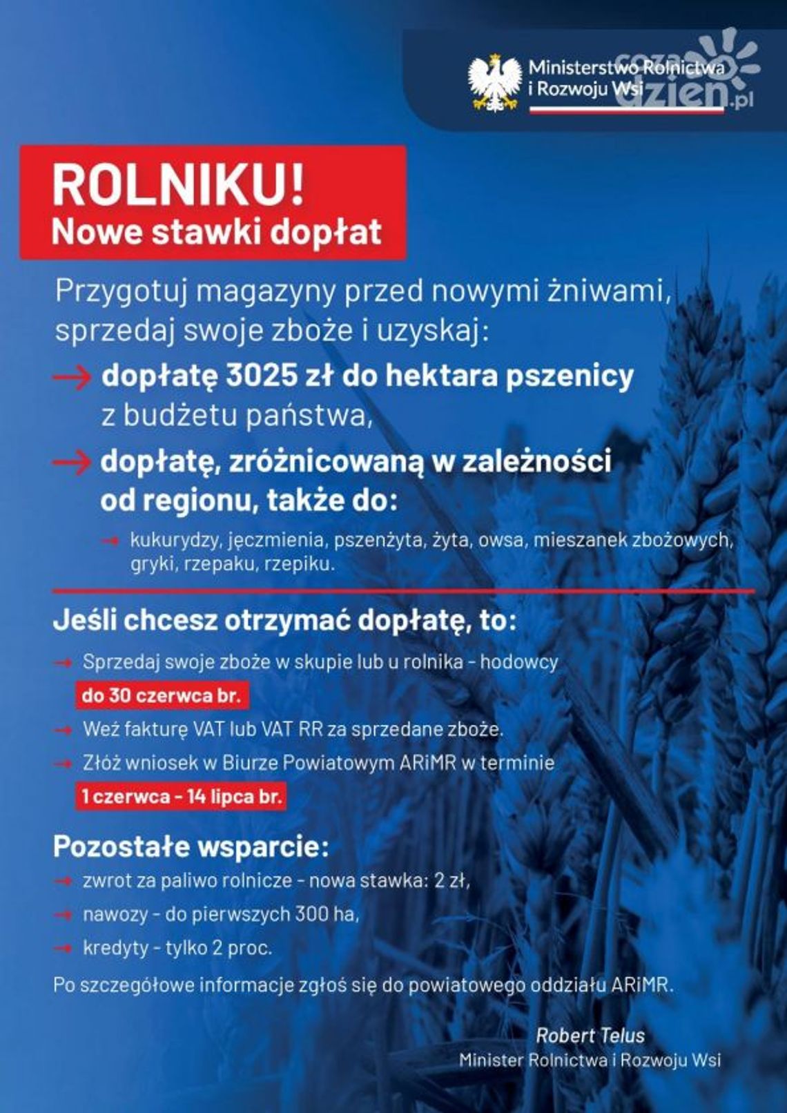 Minister rolnictwa apeluje: Rolniku! Sprzedaj swoje zboże przed żniwami i uzyskaj dopłatę