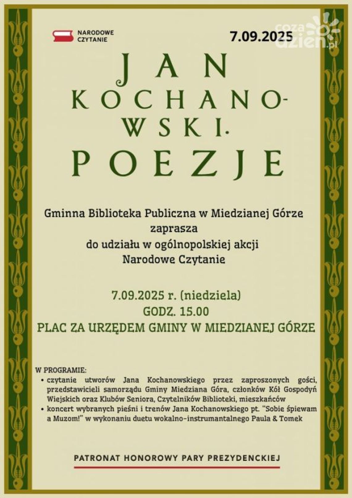 Narodowe Czytanie 2025 w Miedzianej Górze – poezja Jana Kochanowskiego zabrzmi na nowo Narodowe Czytanie 2025 w Miedzianej Górze – poezja Jana Kochanowskiego zabrzmi na nowo