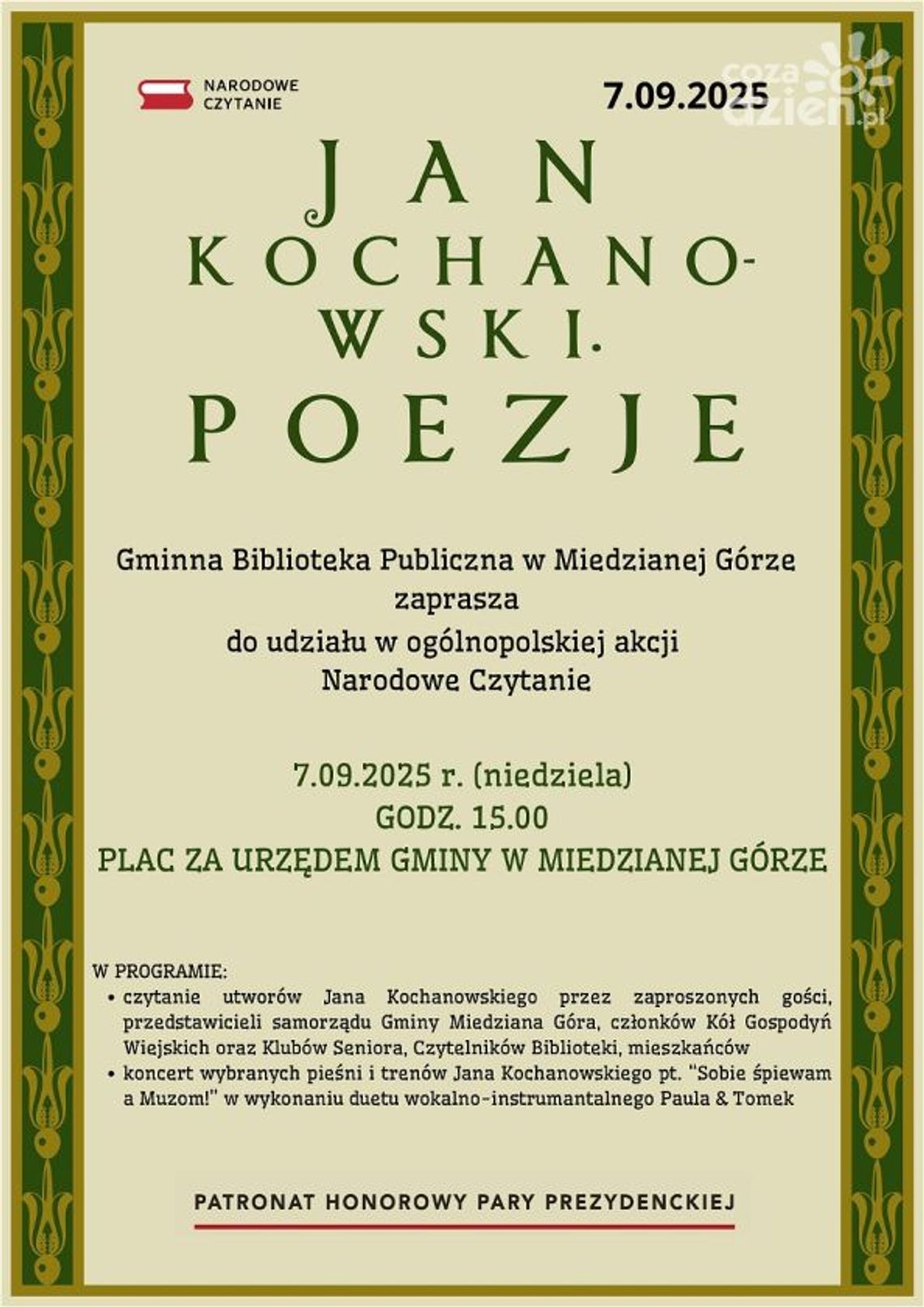 Narodowe Czytanie 2025 w Miedzianej Górze — spotkanie z Mistrzem z Czarnolasu Narodowe Czytanie 2025 w Miedzianej Górze — spotkanie z Mistrzem z Czarnolasu