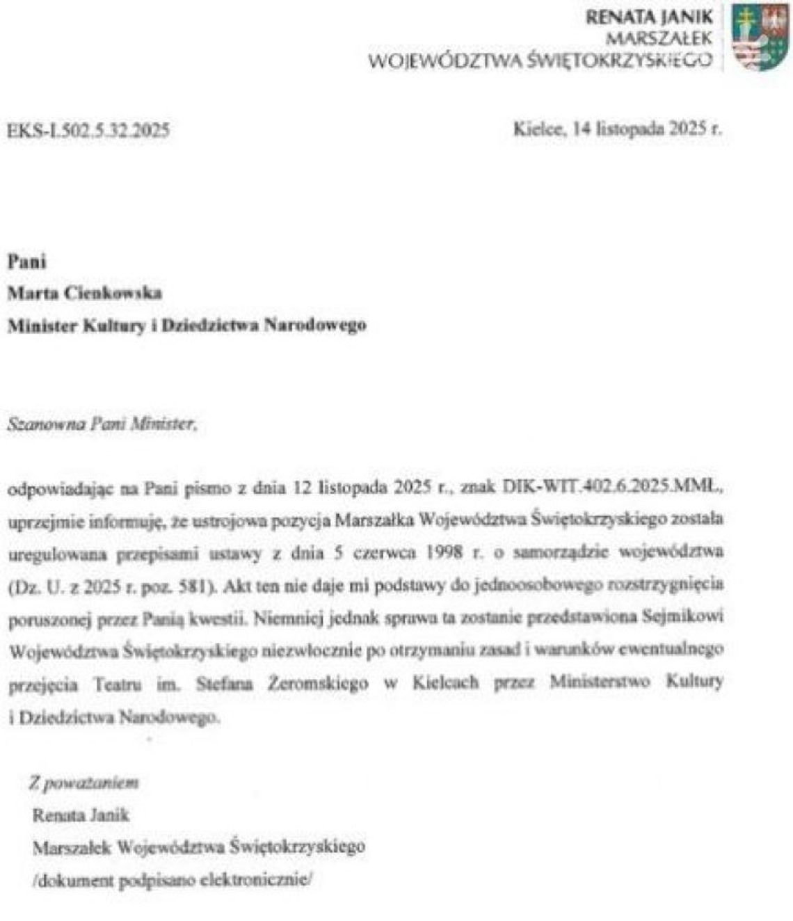 Odpowiedź Renaty Janik na propozycję przejęcia Teatru Żeromskiego Odpowiedź Renaty Janik na propozycję przejęcia Teatru Żeromskiego