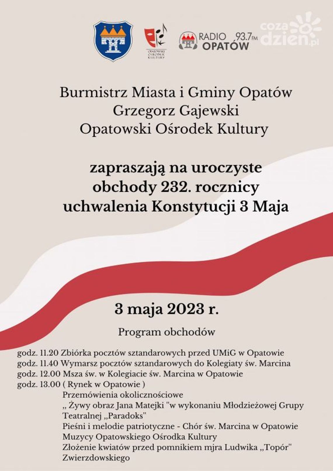 Opatów uczci rocznicę uchwalenia Konstytucji 3 Maja Opatów uczci rocznicę uchwalenia Konstytucji 3 Maja