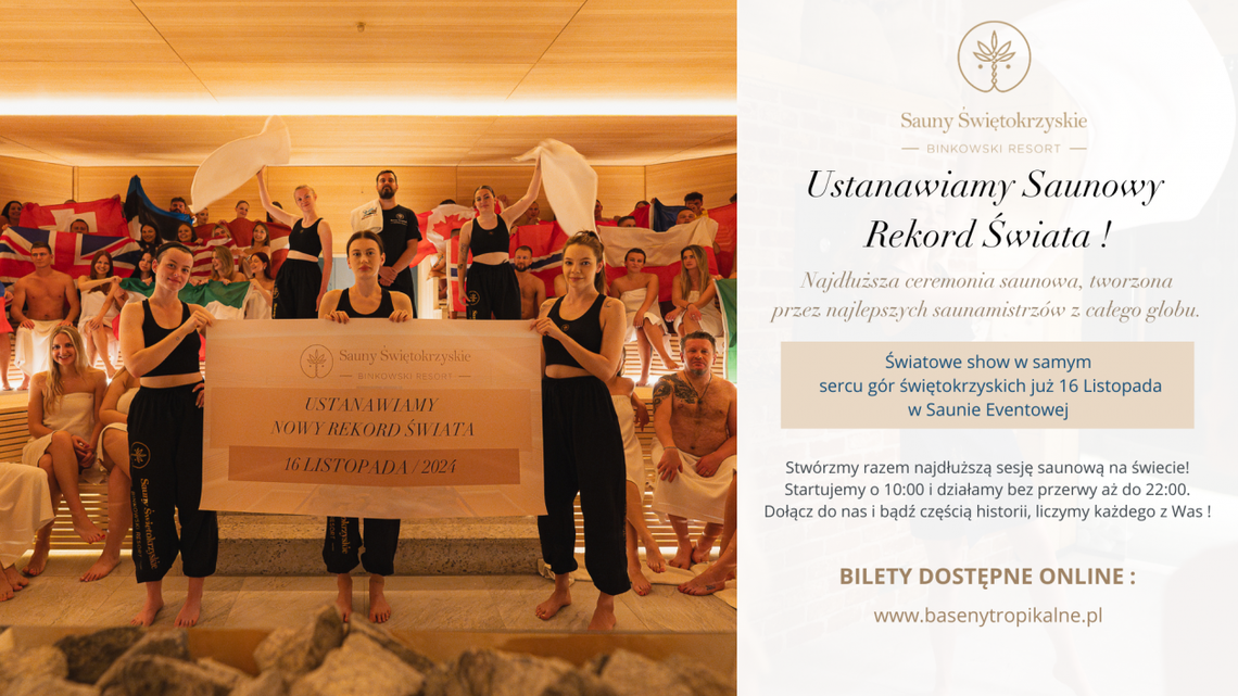 Rekord Świata w Saunach Świętokrzyskich – Binkowski Resort, Kielce – 16 listopada 2024 Rekord Świata w Saunach Świętokrzyskich – Binkowski Resort, Kielce – 16 listopada 2024
