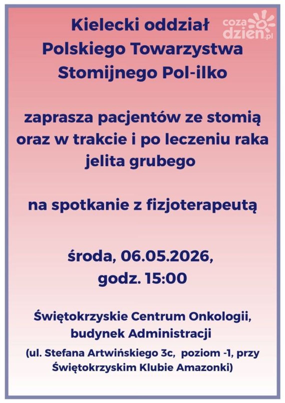 Spotkanie z fizjoterapeutą dla osób ze stomią już 6 maja w Kielcach Spotkanie z fizjoterapeutą dla osób ze stomią już 6 maja w Kielcach