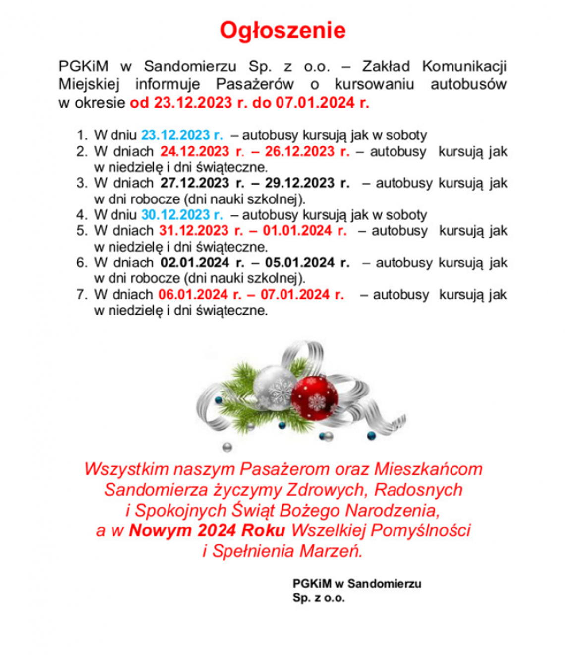 Świąteczne rozkłady jazdy nadal obowiązują w Sandomierzu