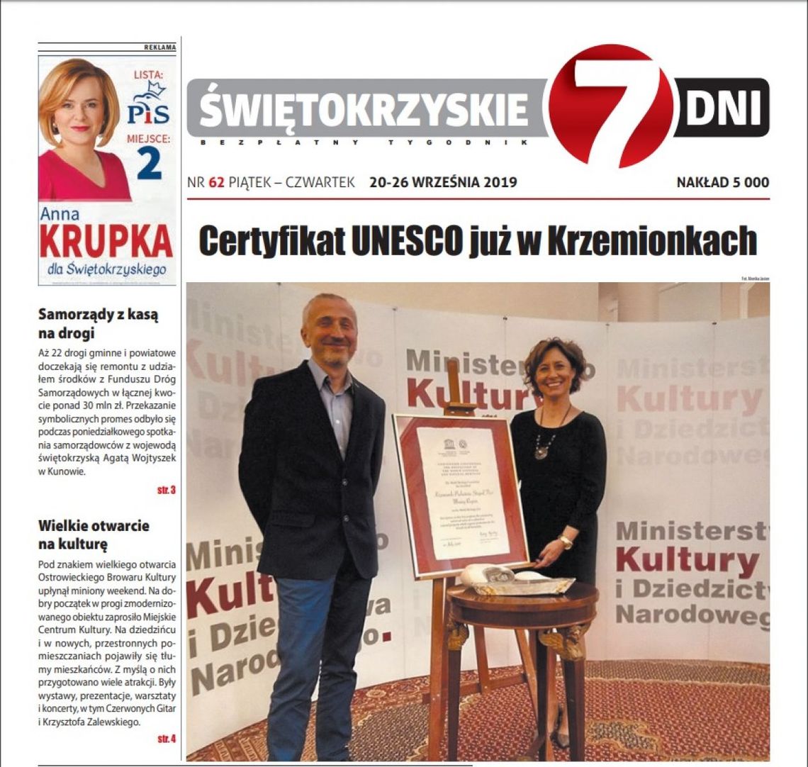 Tygodnik "Świętokrzyskie 7 Dni" nr 62 z 20.09.2019