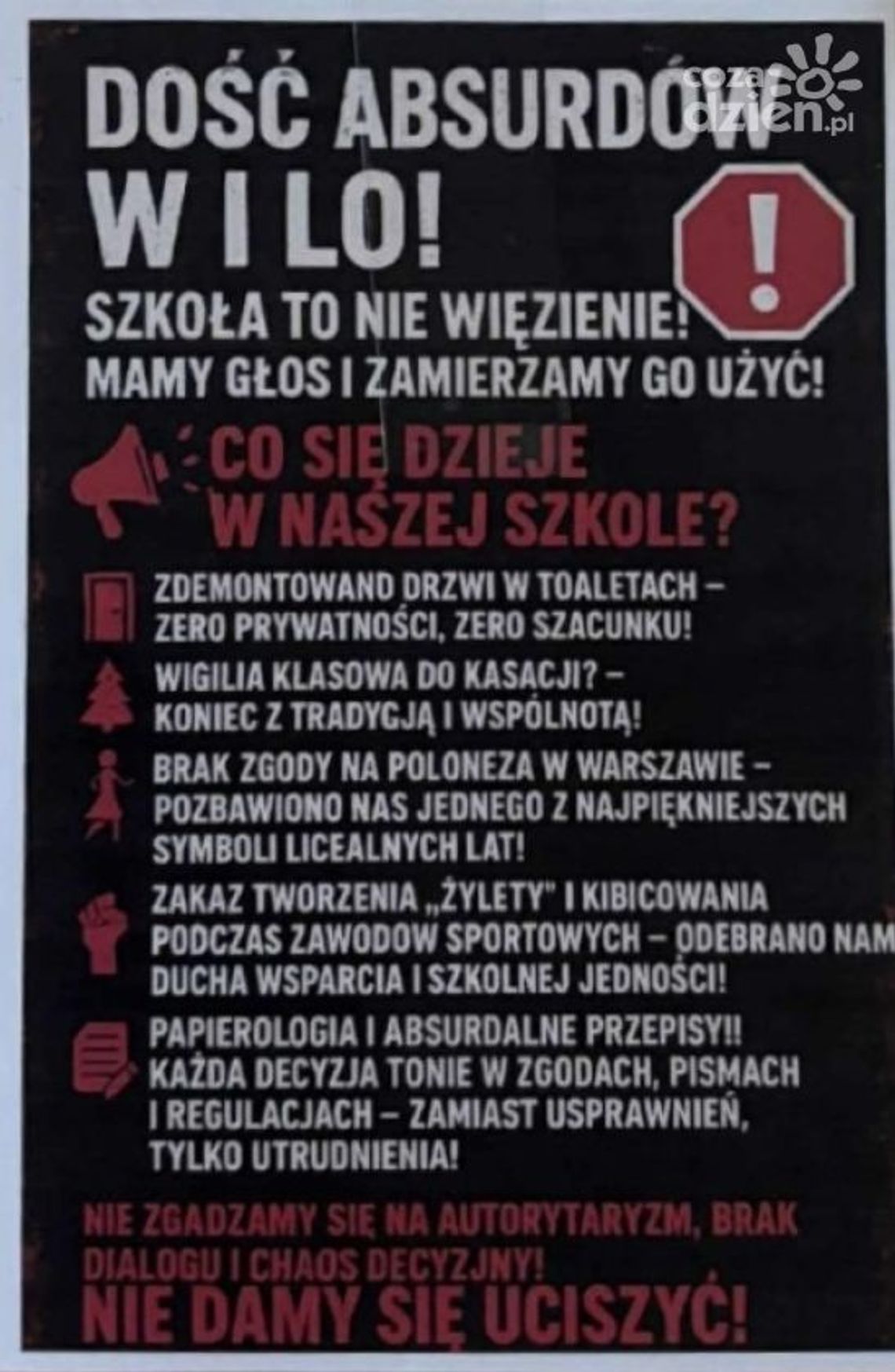 Uczniowie I LO buntują się przeciw zakazom i decyzjom dyrekcji Uczniowie I LO buntują się przeciw zakazom i decyzjom dyrekcji