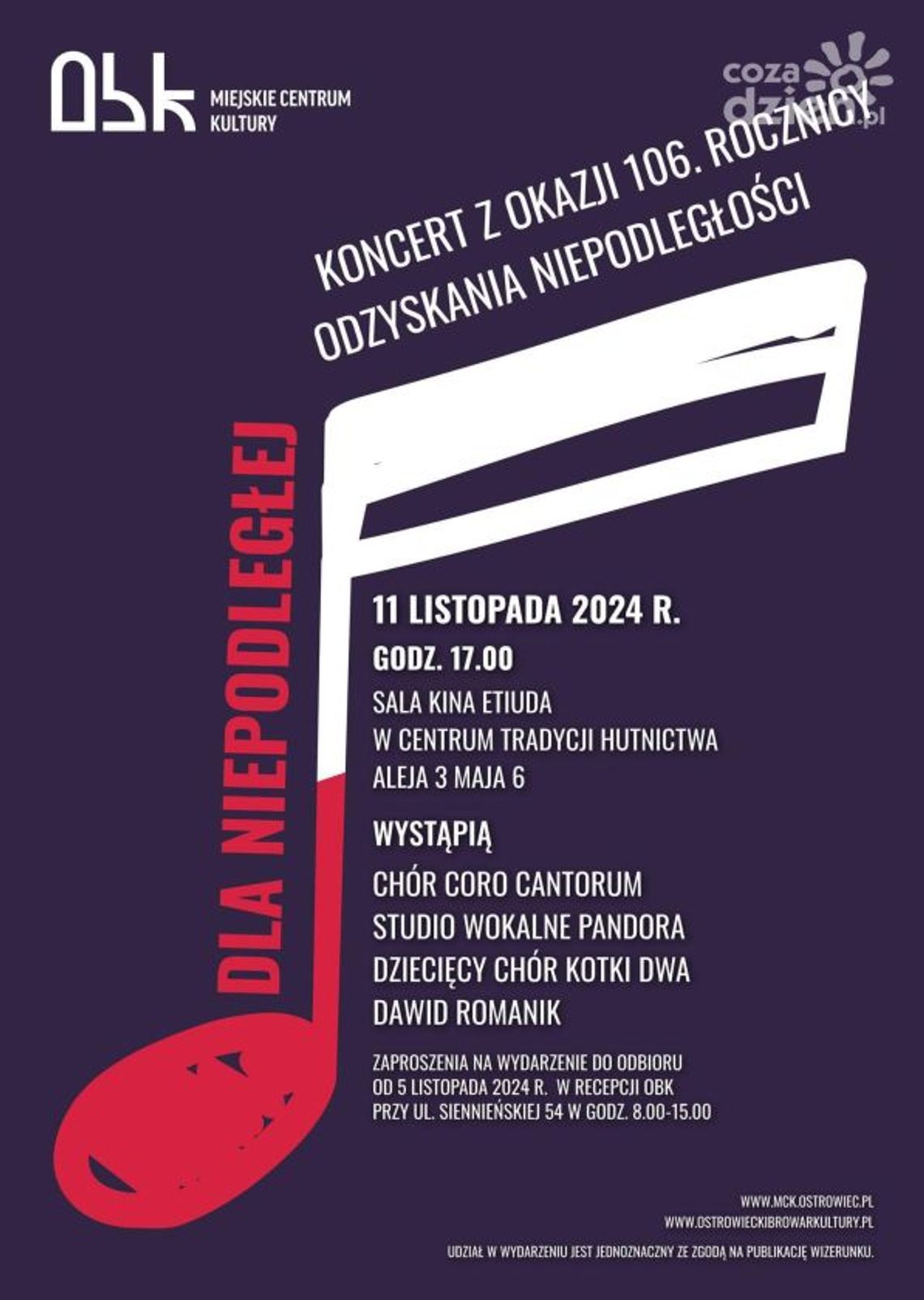 Zaproszenia na koncert "Dla Niepodległej" dostępne w Ostrowieckim Browarze Kultury