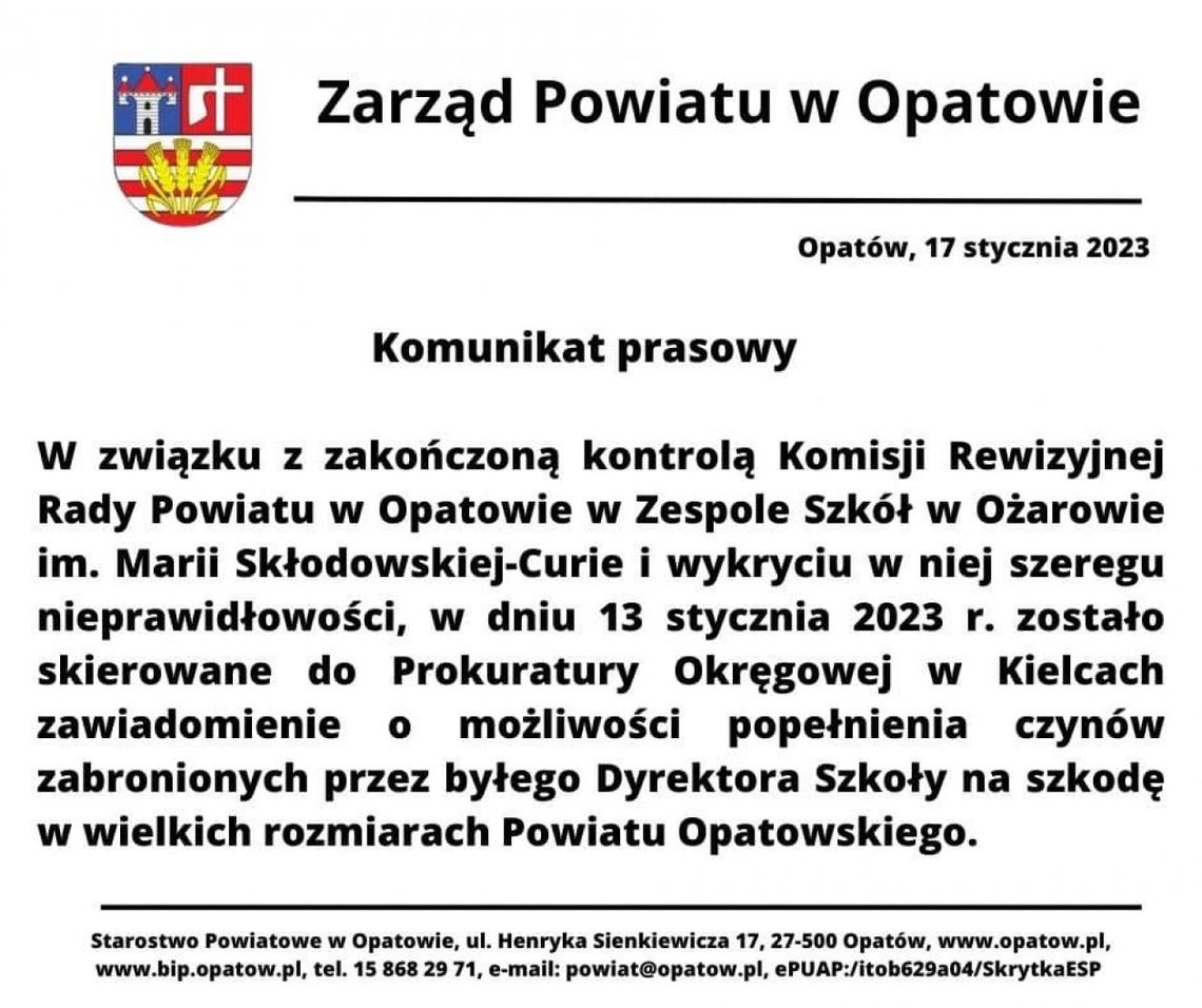Zawiadomienie do prokuratury o "znaczną szkodę" na rzecz powiatu opatowskiego Zawiadomienie do prokuratury o "znaczną szkodę" na rzecz powiatu opatowskiego